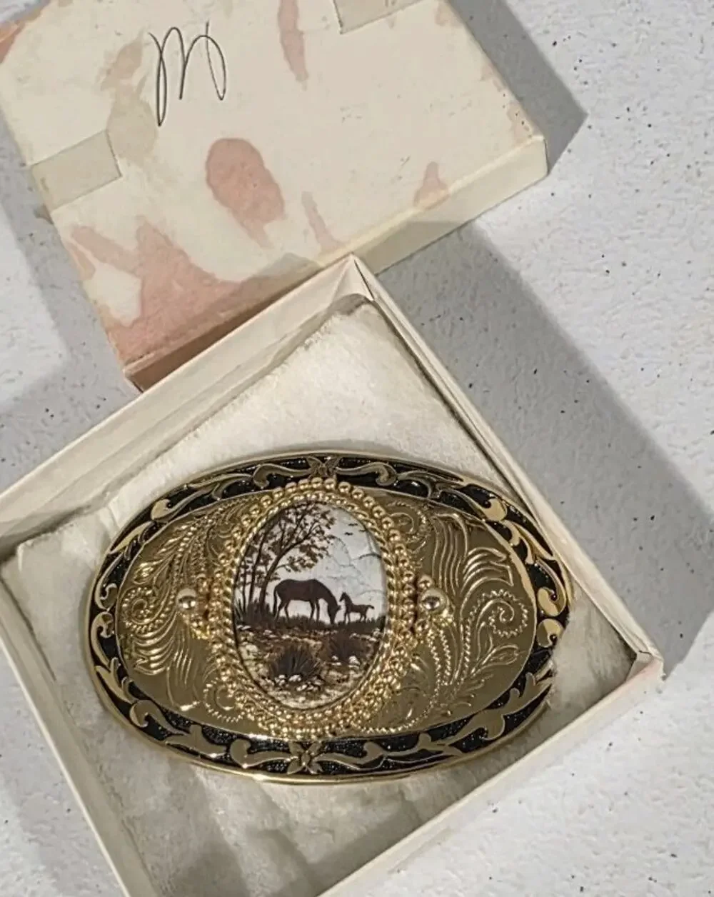 VTG Western Belt Buckle Horse Mare Foal Scenic Gold Tone Black Enamel Made USA